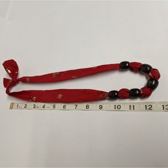 Ribbon & Wood Beads Asian Theme Necklace / Choker - Picture 4 of 6